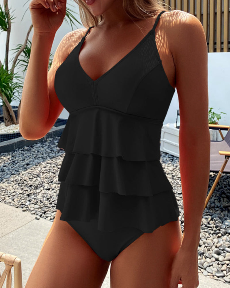 SALOMEA | Solid Color Tankini with Cut and Ruffle