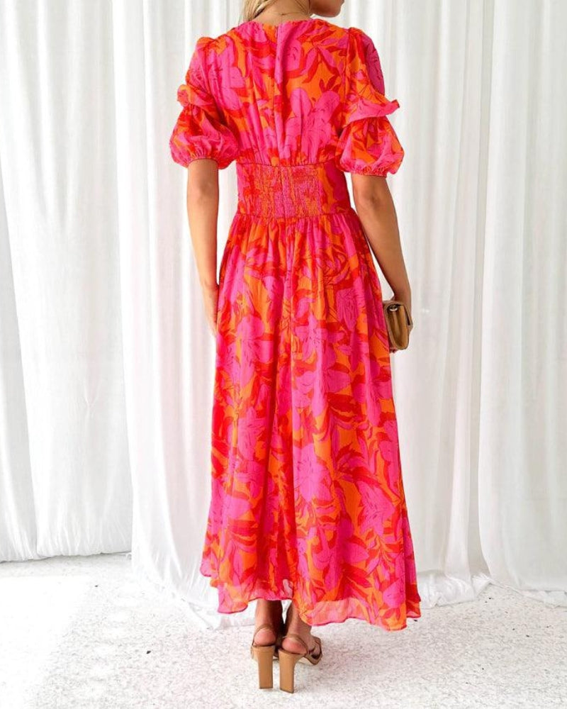 KIMMY | Elegant V-Neck Puff Sleeve Maxi Dress
