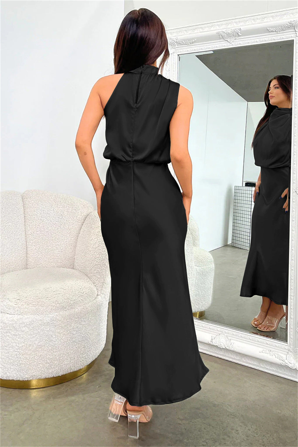 DIANA | Long Satin Dress with Halter Neck