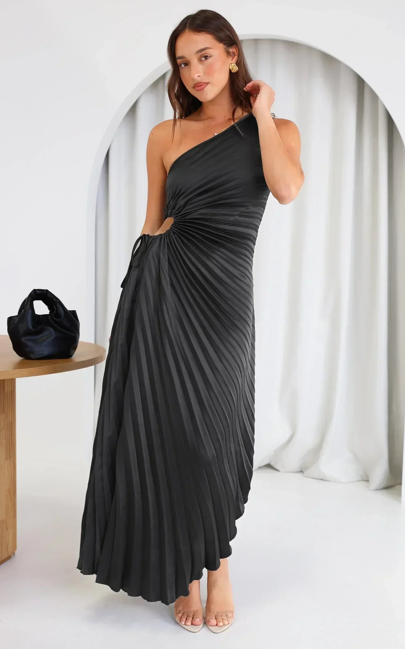 SYLVIANA | One-Shoulder Pleated Midi Dress
