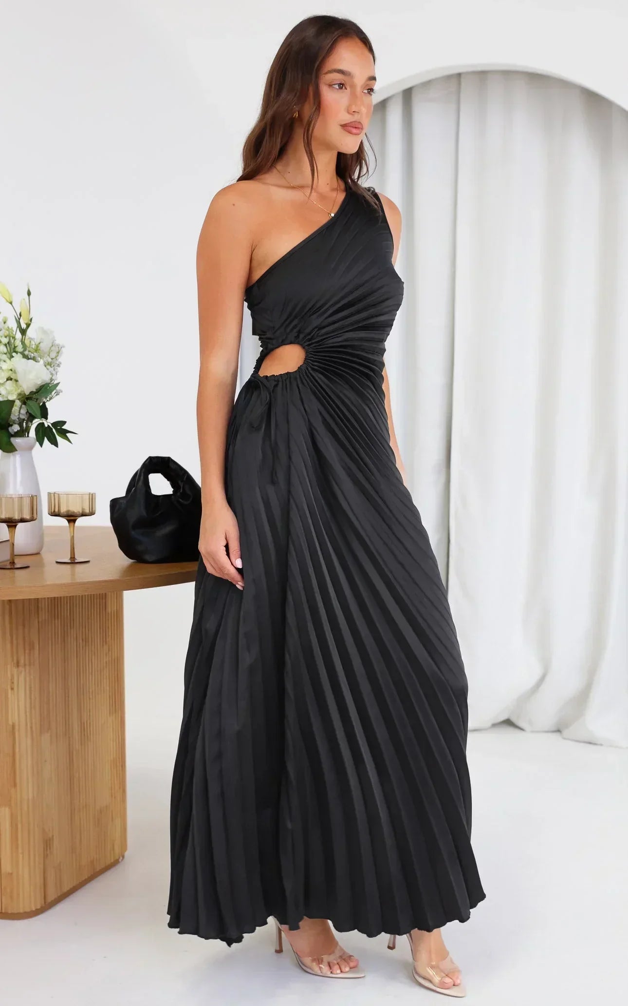 SYLVIANA | One-Shoulder Pleated Midi Dress