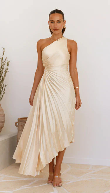 SYLVIANA | One-Shoulder Pleated Midi Dress