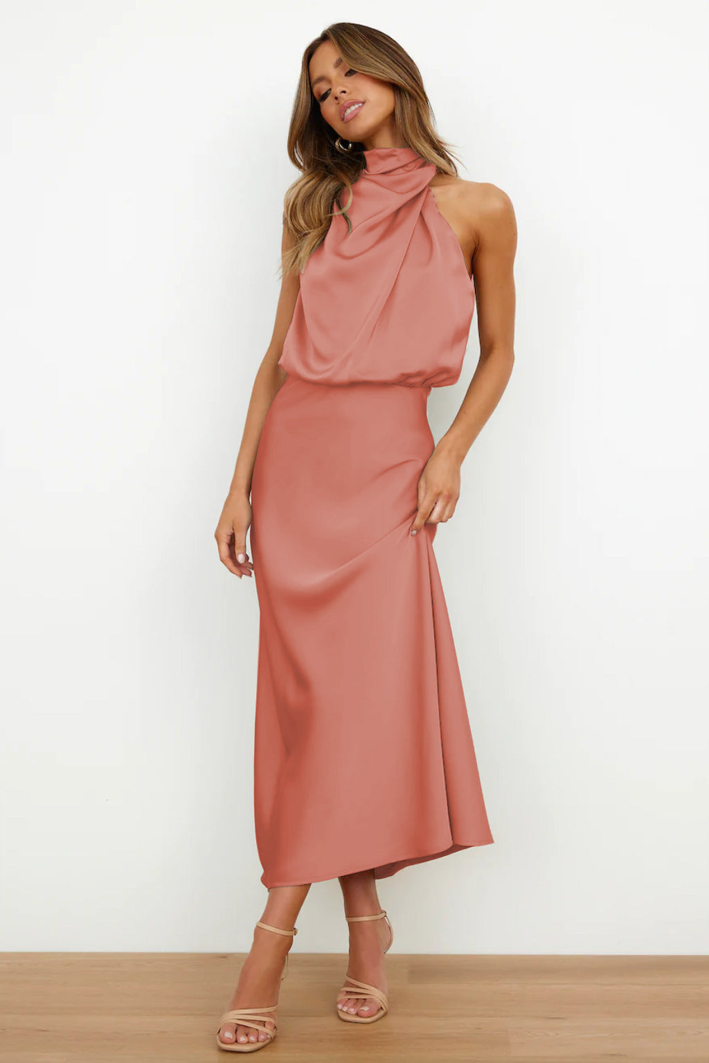 DIANA | Long Satin Dress with Halter Neck