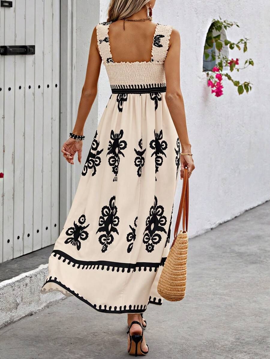 VALENTINA | Chic Square Neck Sleeveless Printed Beach Dress