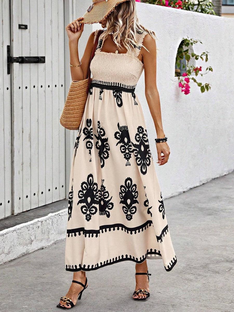 VALENTINA | Chic Square Neck Sleeveless Printed Beach Dress