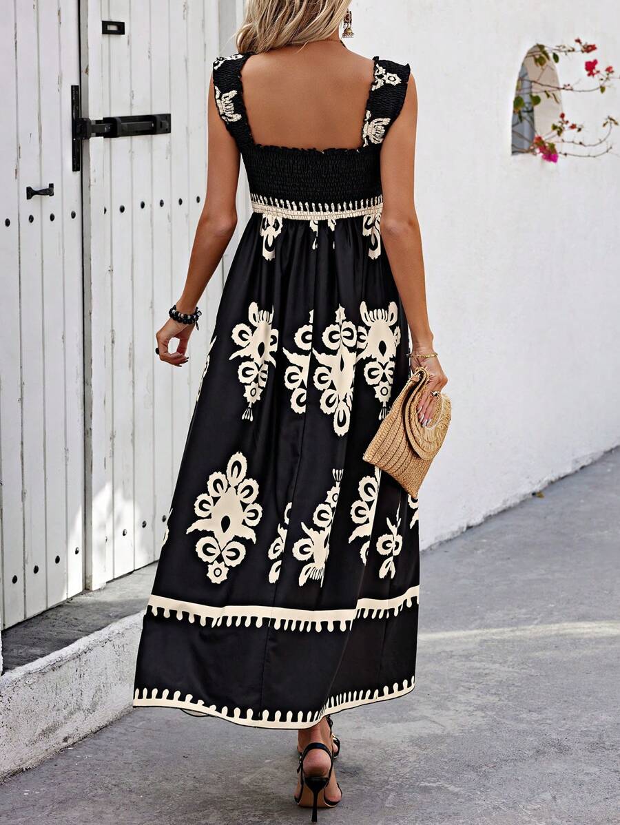 VALENTINA | Chic Square Neck Sleeveless Printed Beach Dress