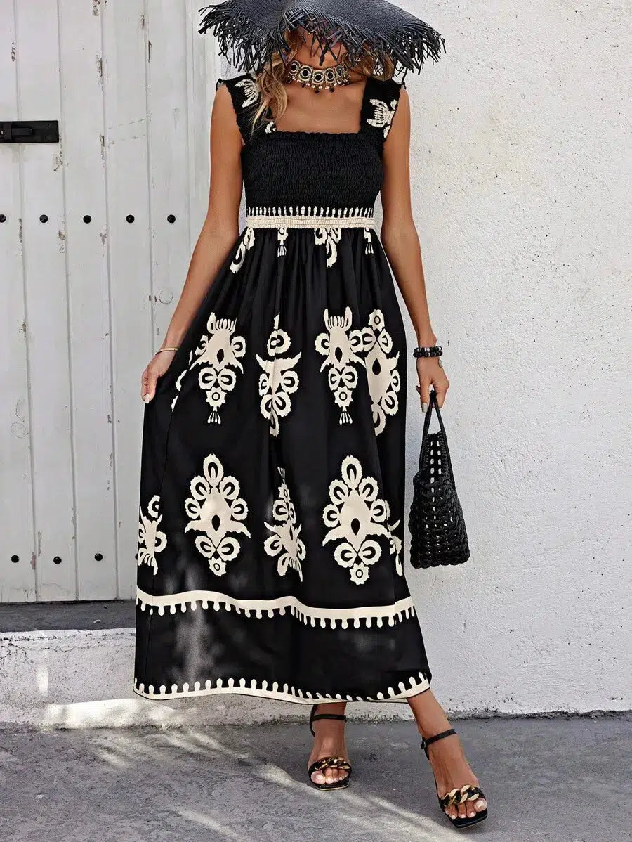 VALENTINA | Chic Square Neck Sleeveless Printed Beach Dress