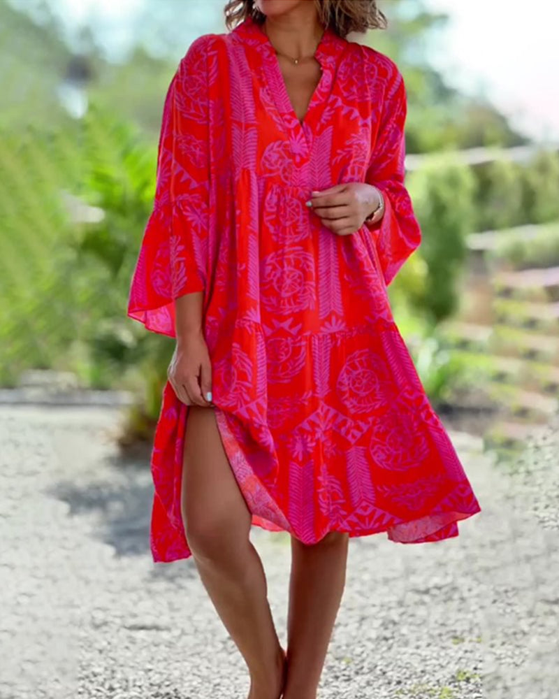 SKYLAR | Chic V-Neck 3/4 Flared Sleeves Ruffle Hem Dress