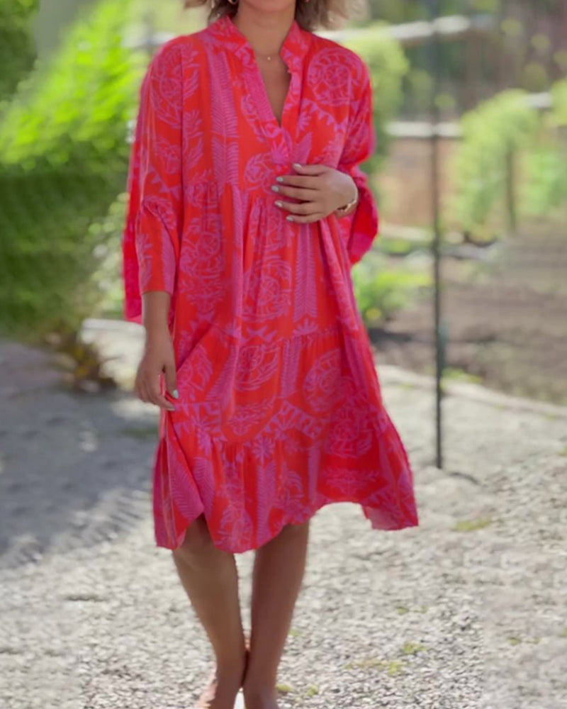 SKYLAR | Chic V-Neck 3/4 Flared Sleeves Ruffle Hem Dress