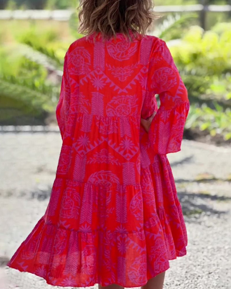 SKYLAR | Chic V-Neck 3/4 Flared Sleeves Ruffle Hem Dress