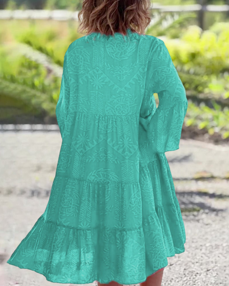 SKYLAR | Chic V-Neck 3/4 Flared Sleeves Ruffle Hem Dress