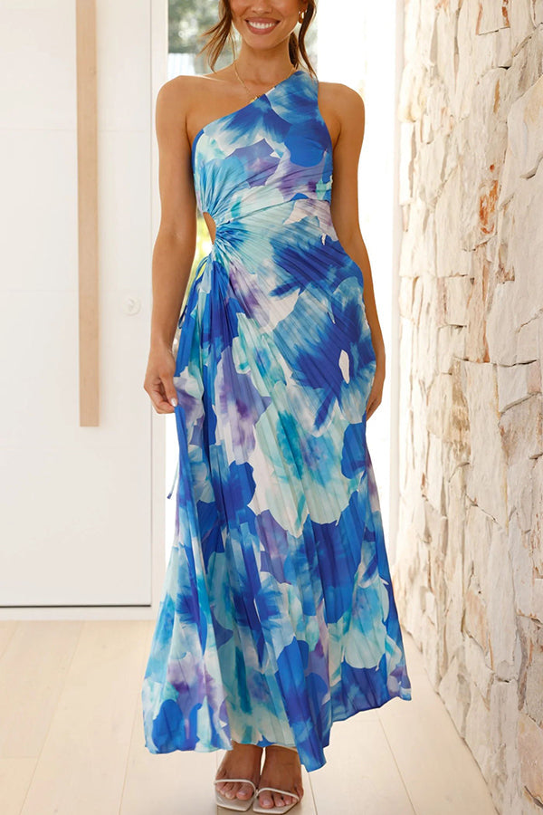 DEJA | One-Shoulder Maxi Pleated Dress with Floral Print