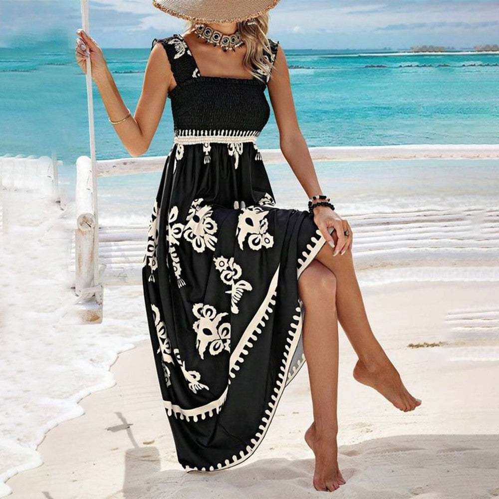 VALENTINA | Chic Square Neck Sleeveless Printed Beach Dress