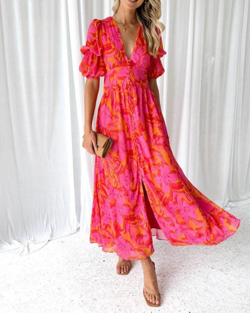 KIMMY | Elegant V-Neck Puff Sleeve Maxi Dress