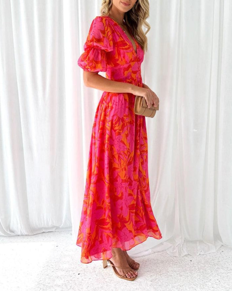 KIMMY | Elegant V-Neck Puff Sleeve Maxi Dress