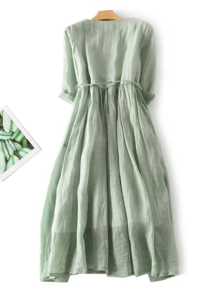 ARIAH | Women's Retro Style Dress with Round Neckline and Waist Ties