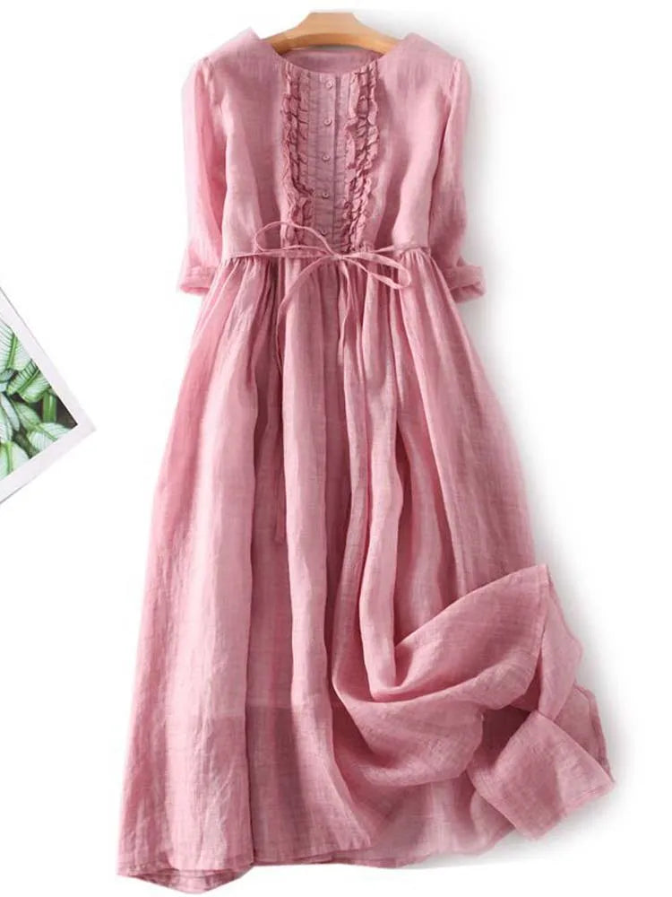 ARIAH | Women's Retro Style Dress with Round Neckline and Waist Ties