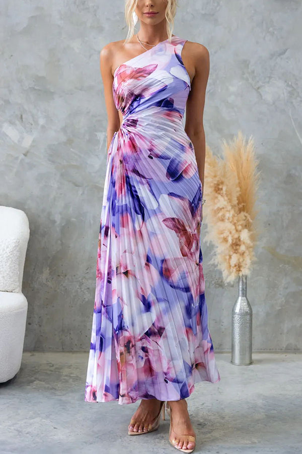 DEJA | One-Shoulder Maxi Pleated Dress with Floral Print
